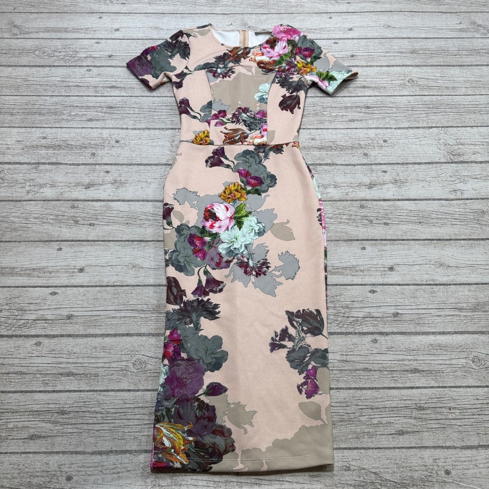 ASOS Wiggle Dress Women's 0 Pink Floral Scuba Short Sleeve Bodycon Pencil Fitted